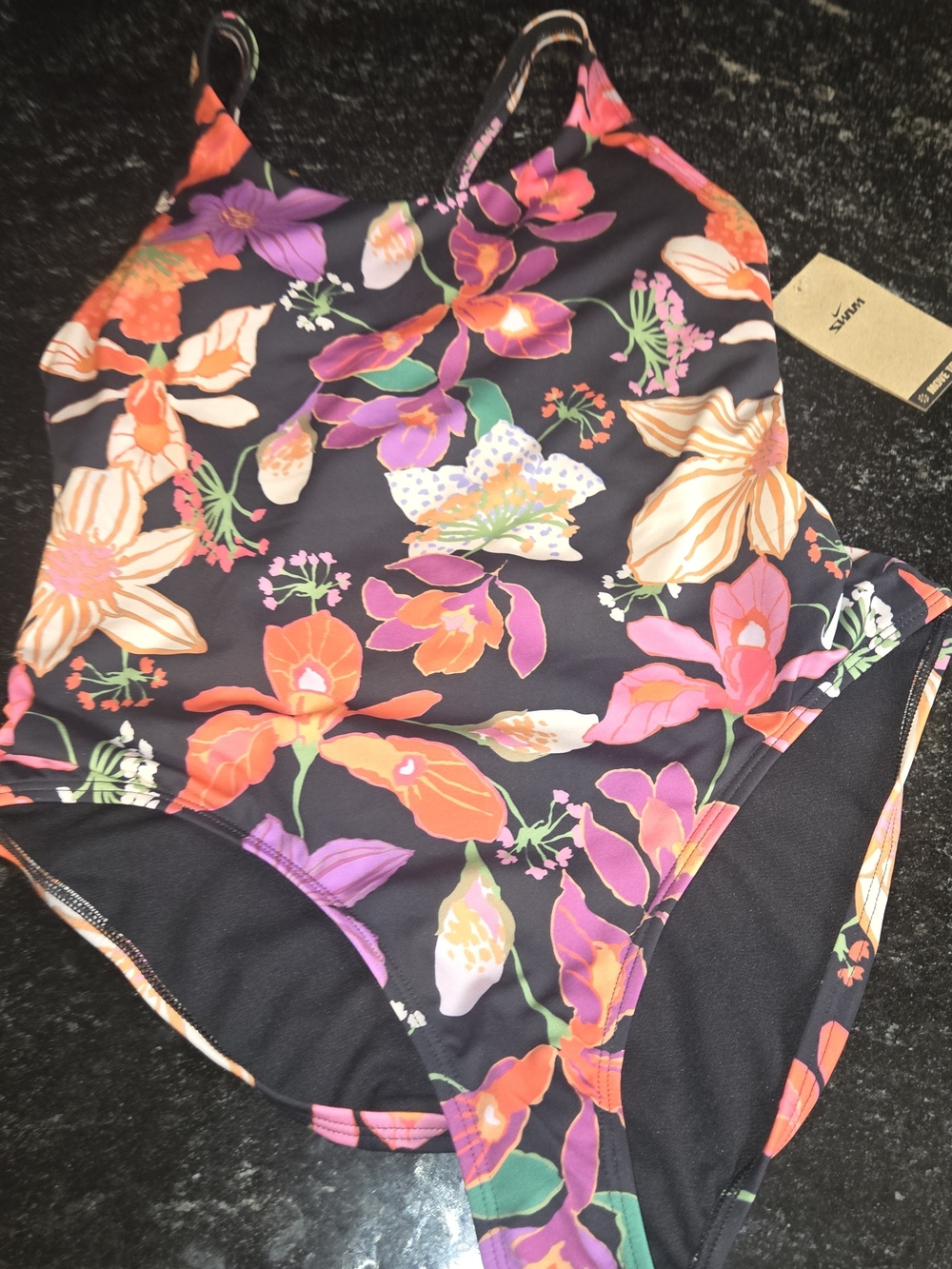 Nike Women's Black Floral One-Piece Swimsuit with Orange, Pink & Purple Flowers - Picture 3 of 8
